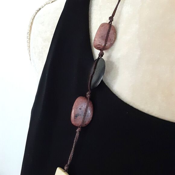Earthy natural tones 38"  necklace brown cord tribal - Picture 2 of 2